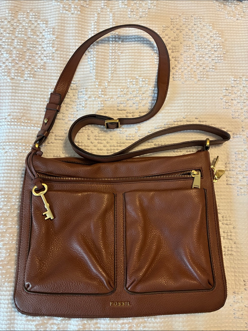 Fossil Brown Pebbled Leather Crossbody with Gold Hardware